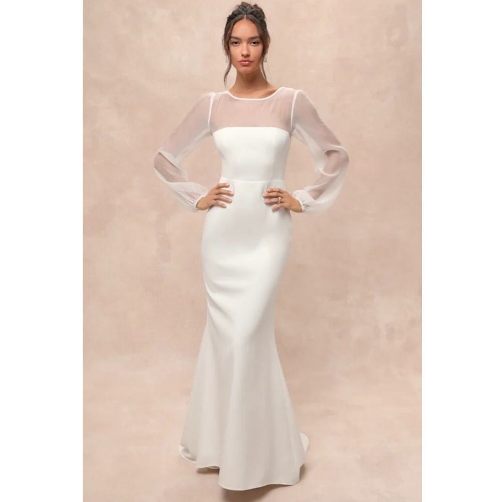 NWT Lulus Immaculate Romance White Sheer Organza Long‎ Sleeve Maxi Dress Size S